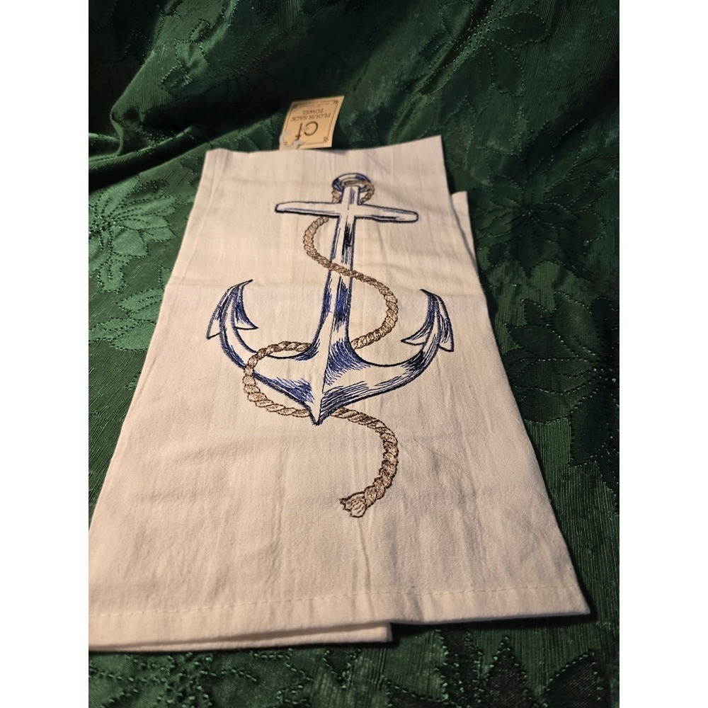 CF & Flour Sack Tea Towel Embroidered Anchor Nautical Kitchen Decor 18x25 /0452